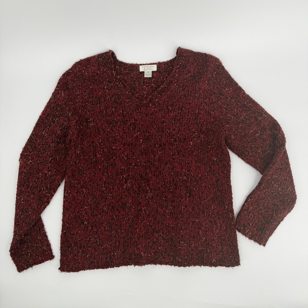 Christopher & Banks Sweater V Neck Marled Y2K Women Size Medium Red Multi